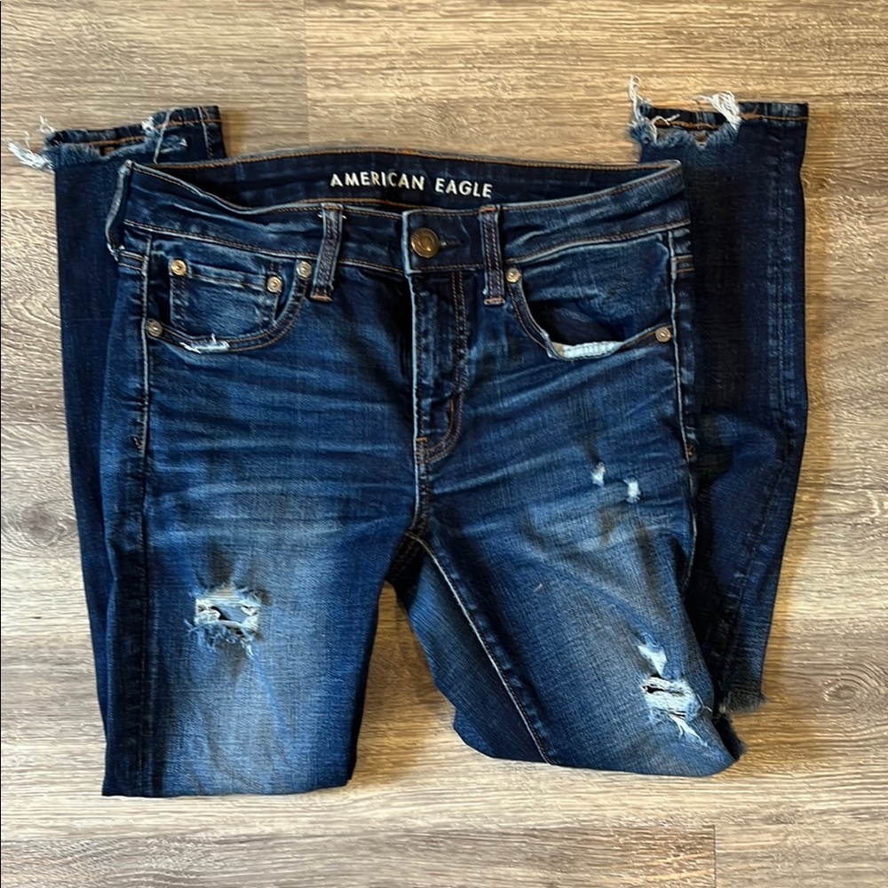 American Eagle Outfitters Blue Skinny Jeans with Distressed Details